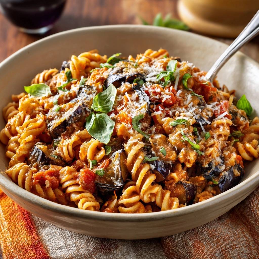 Saftige Auberginen-Pasta serviert in einer rustikalen Schüssel, garniert mit frischem Basilikum und geriebenem Käse. Dieses Gericht ist ein Genuss.