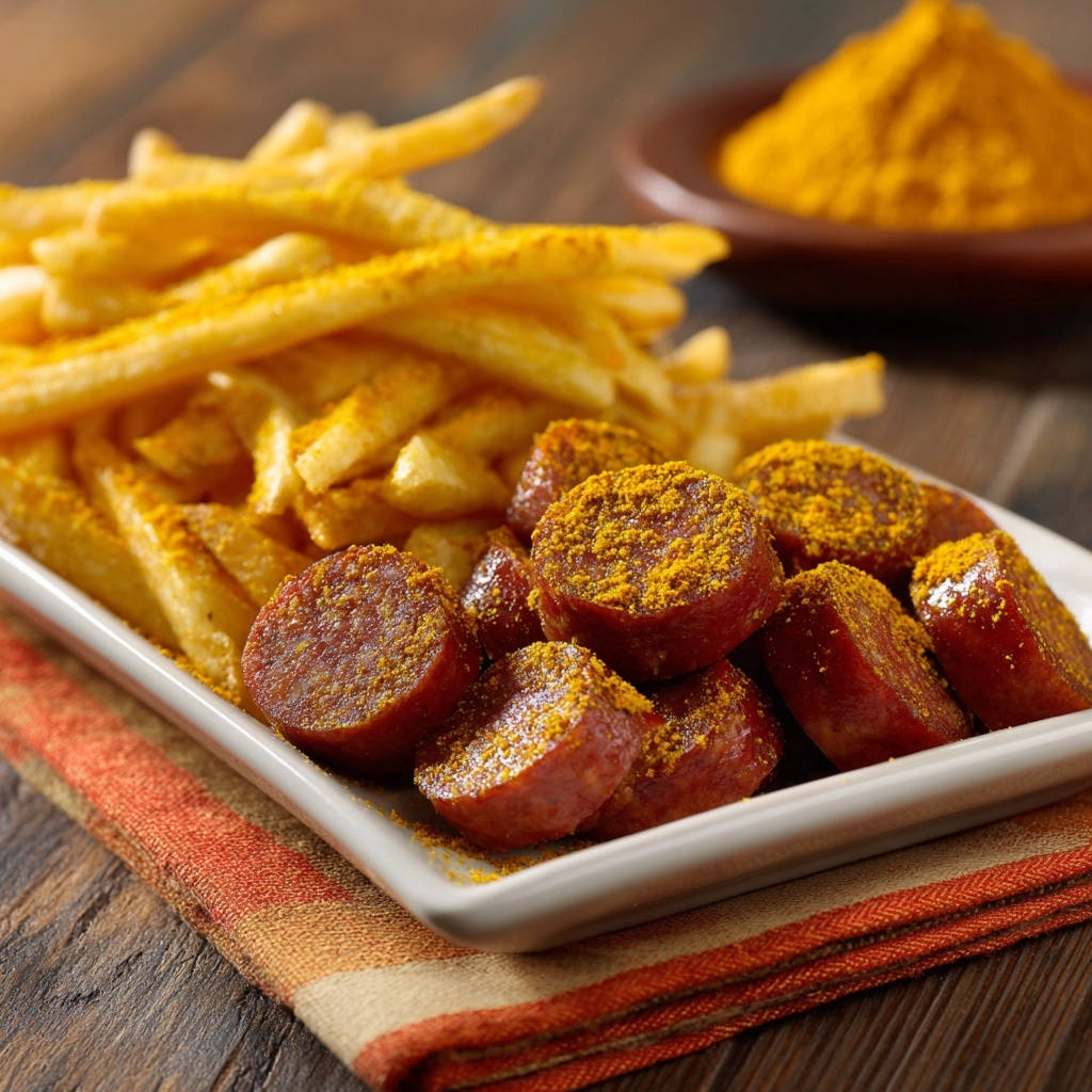 Saftige Currywurst mit knusprigen Pommes serviert auf einem weißen Teller, bestreut mit Currypulver und serviert.