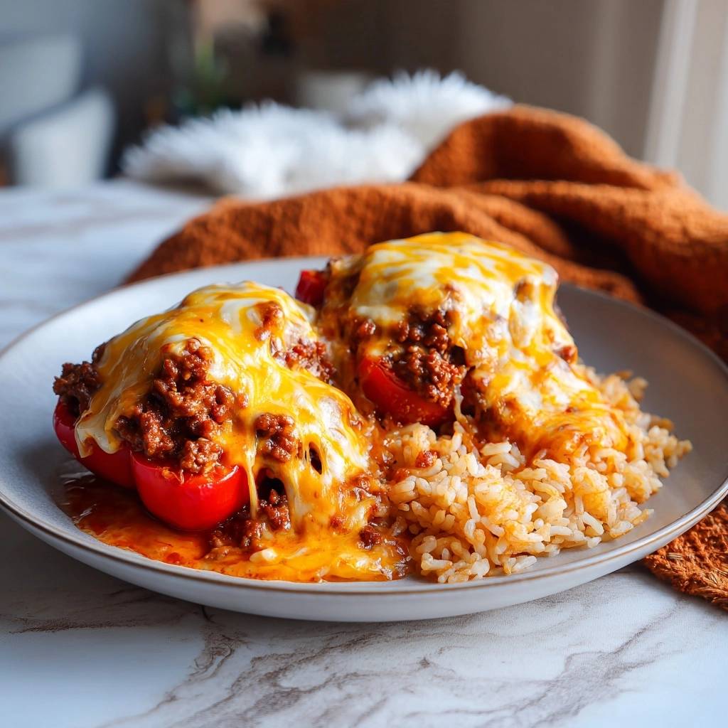 Saftige Gefüllte Paprika mit Hack und Käse serviert auf einem Teller, mit geschmolzenem Käse bedeckt und neben Reis angerichtet.