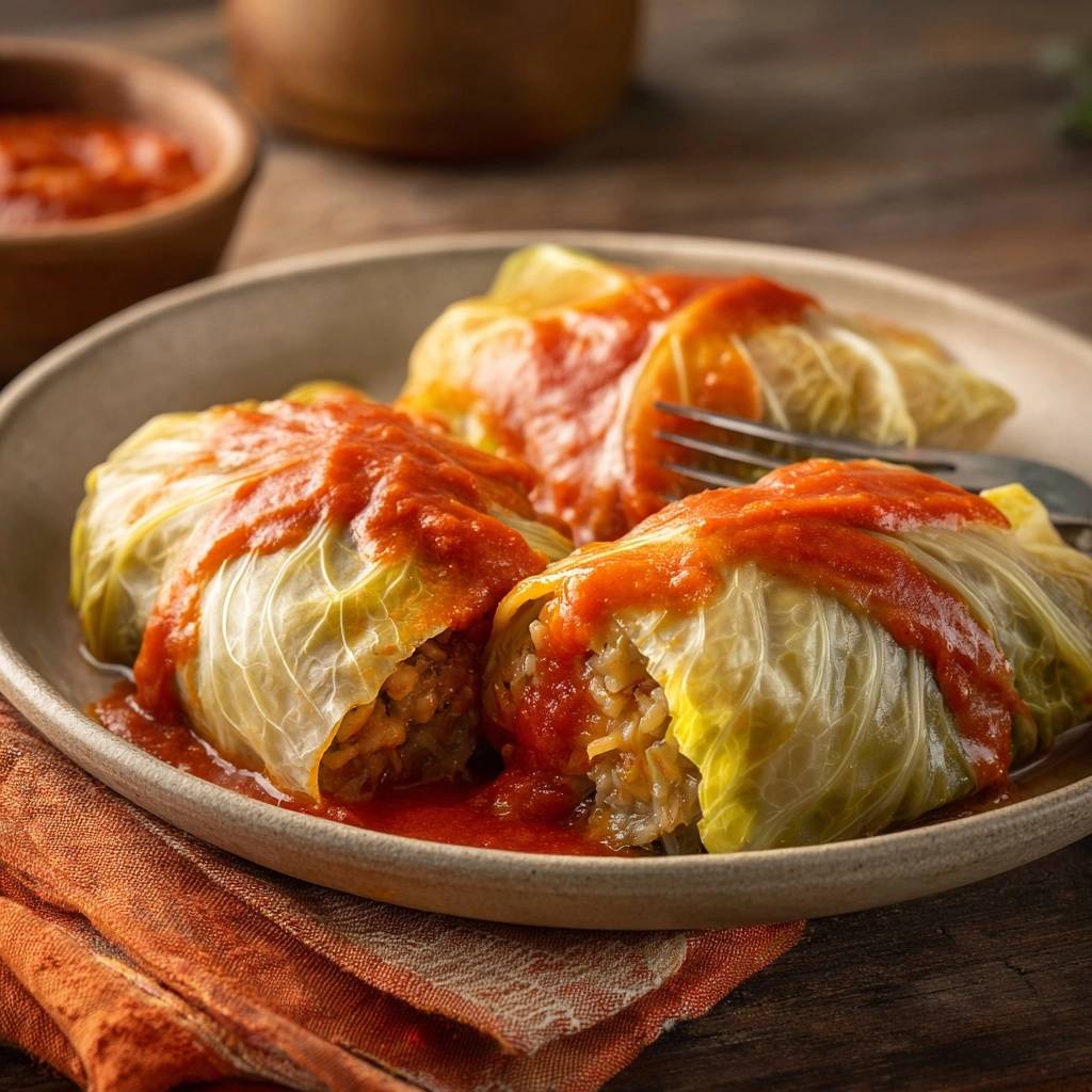 Saftige Kohlrouladen In Tomatensoe Serviert 1 Saftige Kohlrouladen in Tomatensoße, serviert auf einem Teller. Die Kohlrouladen sind mit reichlich Tomatensoße bedeckt und sehen appetitlich aus.