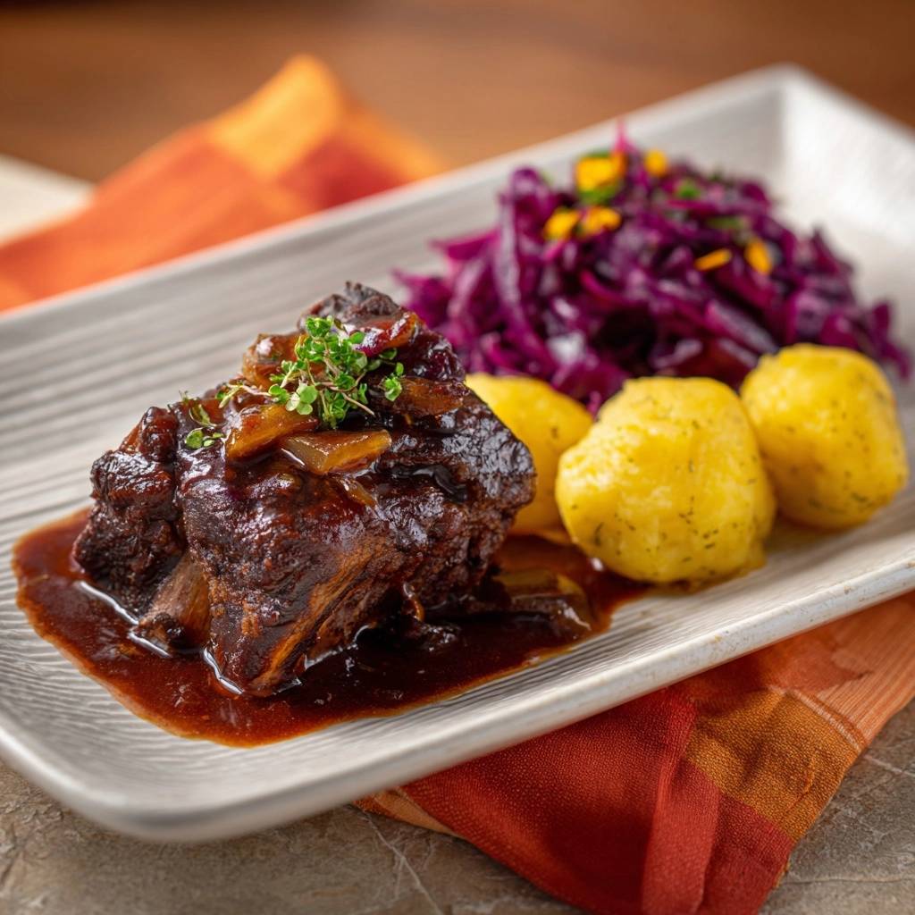 Saftige Lammkeule mit Ofenkartoffeln und Rotkraut serviert auf einem Teller. Das Gericht ist mit Soße übergossen und mit Kräutern garniert.