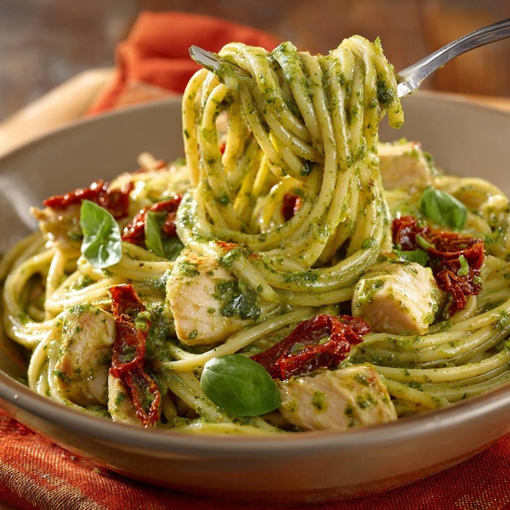 Saftige Pesto-Hähnchen-Spaghetti mit Sonnentomaten, auf einer Gabel aufgewickelt, umgeben von frischen Zutaten und serviert in einer Schüssel.