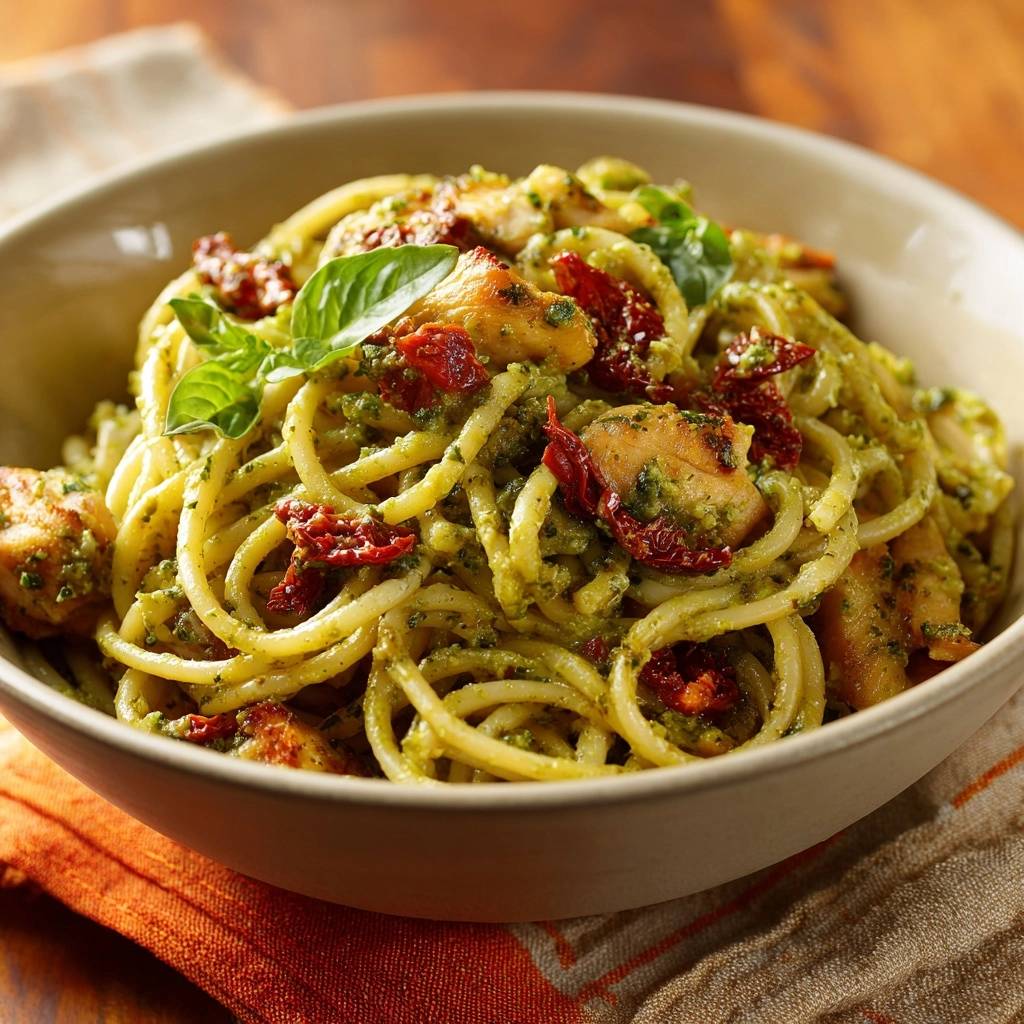 Saftige Pesto Huhn Spaghetti Mit Sonnentomaten Nahaufnahme 1 Saftige Pesto-Hähnchen-Spaghetti mit Sonnentomaten in einer Nahaufnahme, serviert in einer cremefarbenen Schüssel, garniert mit frischem Basilikum.