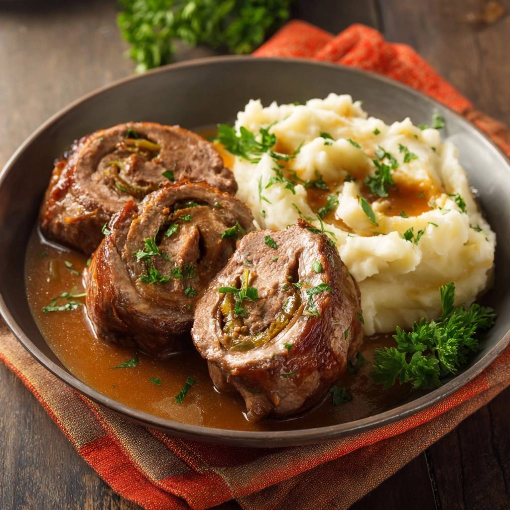 Saftige Rinderrouladen Mit Gurkenfuellung Querschnitt 1 Saftige Rinderrouladen mit Gurkenfüllung in Nahaufnahme: Ansicht der aufgeschnittenen Rouladen, serviert mit Kartoffelpüree und Soße.