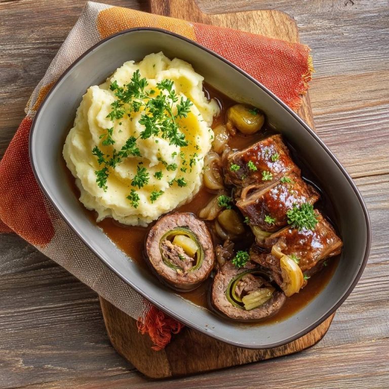 Saftige Rinderrouladen mit Gurkenfüllung als Querschnitt mit frischer Petersilie garniert, serviert mit Kartoffelpüree.