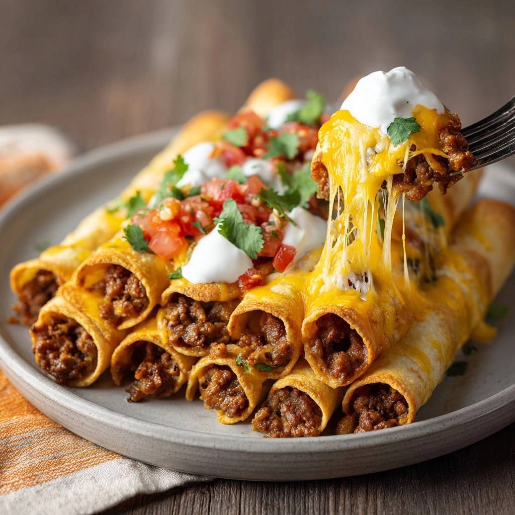 Saftige Rindfleisch Enchiladas Kaese Faden 1 Saftige Rindfleisch-Enchiladas mit geschmolzenem Käse, der sich appetitlich von der Gabel zieht, garniert mit frischen Zutaten.
