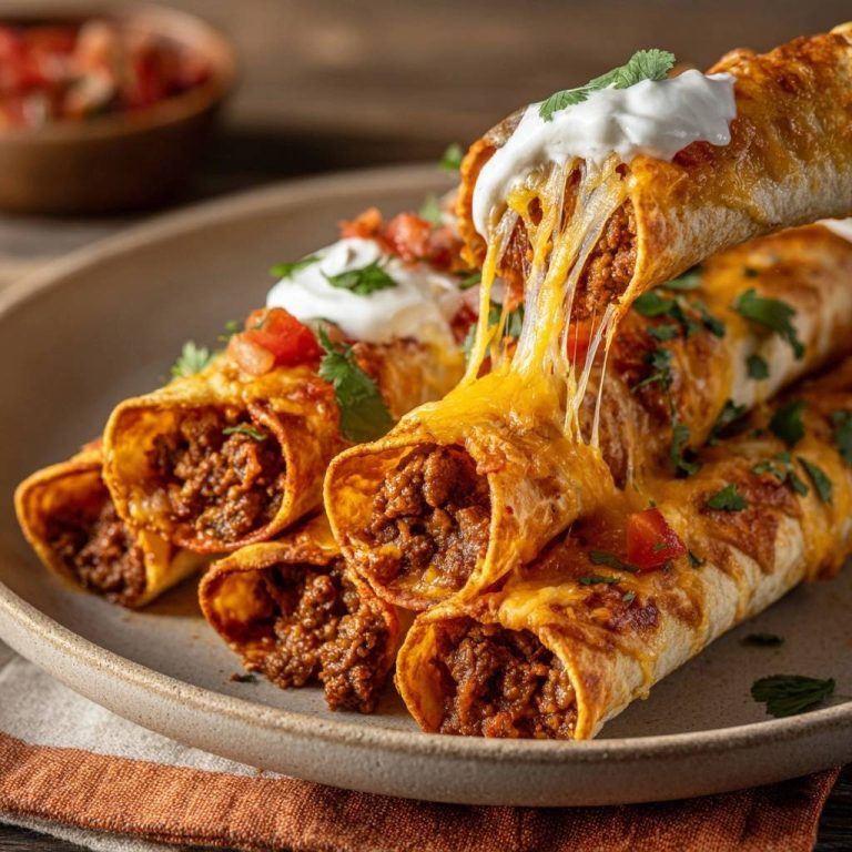 Saftige Rindfleisch-Enchiladas mit geschmolzenem Käse, der sich zieht, serviert auf einem Teller und mit Sauerrahm garniert.