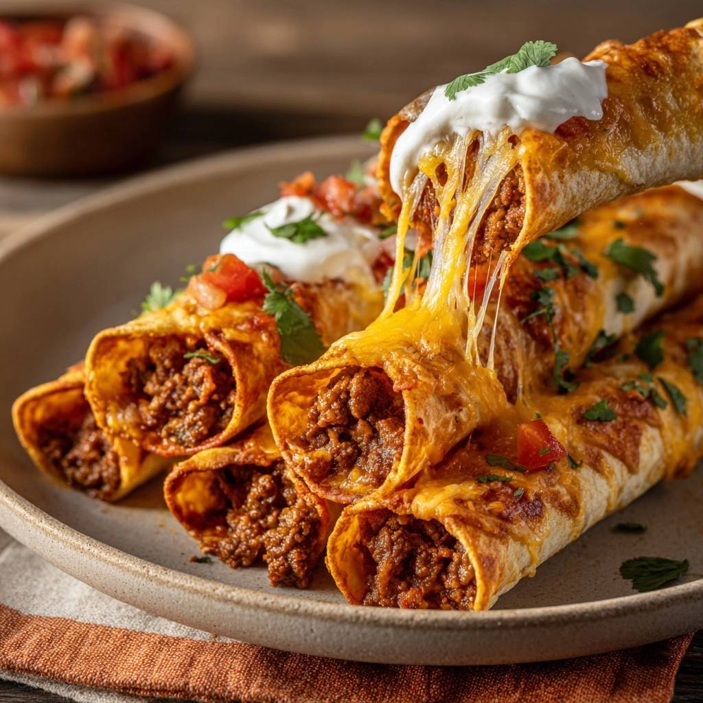 Saftige Rindfleisch-Enchiladas mit geschmolzenem Käse, der sich zieht, serviert auf einem Teller und mit Sauerrahm garniert.