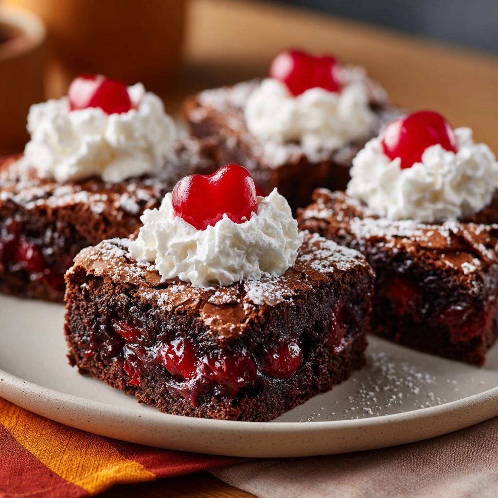 Saftige Schoko-Kirsch-Brownies im Nahaufnahme, mit einem Blick auf den saftigen Kirschkern und cremiger Sahne garniert.