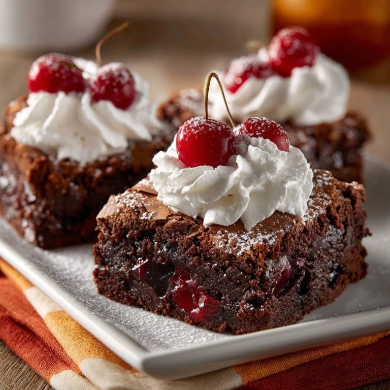 Saftige Schoko-Kirsch-Brownies im Nahaufnahme-Querschnitt, garniert mit Sahne und Kirschen auf einem weißen Teller serviert. Die Brownies sind frisch gebacken.