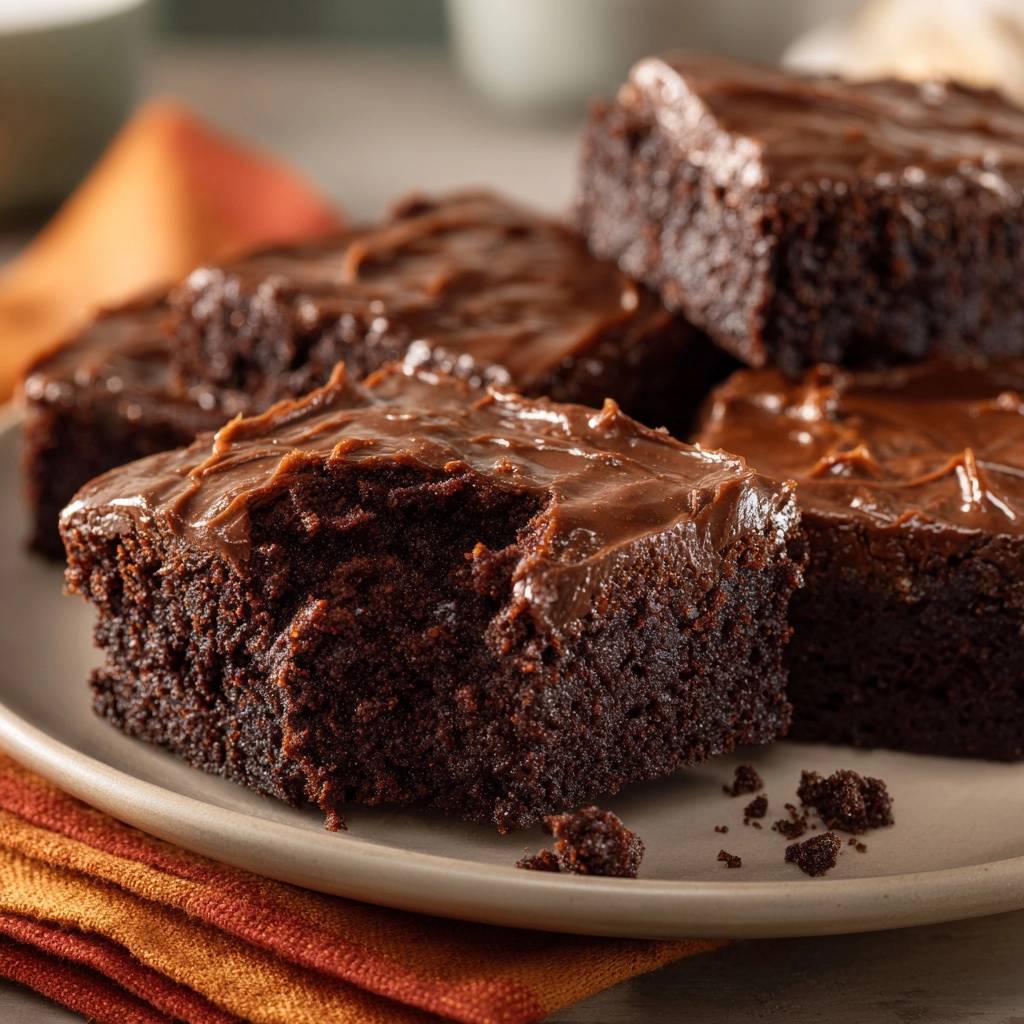 Saftige Schokoladen-Brownies in Nahaufnahme, angeschnitten, um die saftige Textur und die reichhaltige Schokoladenglasur zu zeigen.