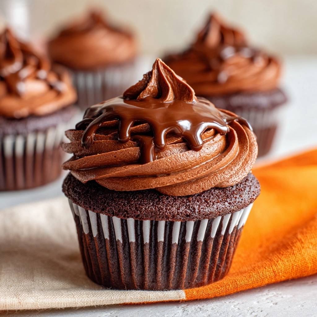 Saftige Schokoladen-Cupcakes in Nahaufnahme mit reichhaltiger Schokoladen-Buttercreme und geschmolzener Schokoladen-Glasur, die verführerisch heruntertropft.