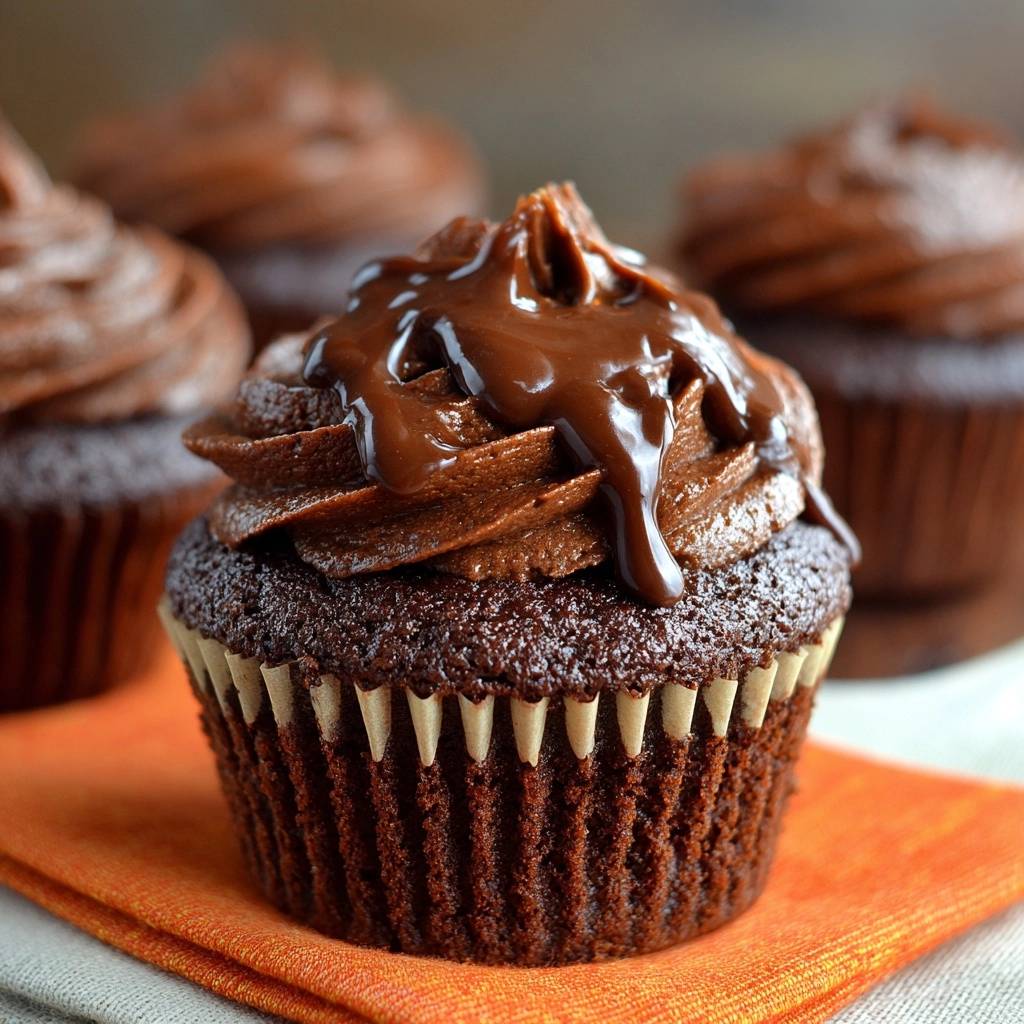 Saftige Schokoladen-Cupcakes in Nahaufnahme mit fließender Schokosauce, perfekt angerichtet für den Genuss. Köstliche Schokoladen-Cupcakes mit cremigen Topping.