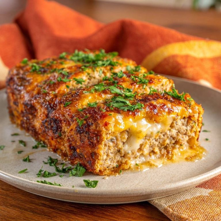 Saftiger Käse-Hackbraten: Ein Nahaufnahme-Querschnitt zeigt die geschmolzene Käsefüllung und die knusprige Kruste dieses herzhaften Gerichts.