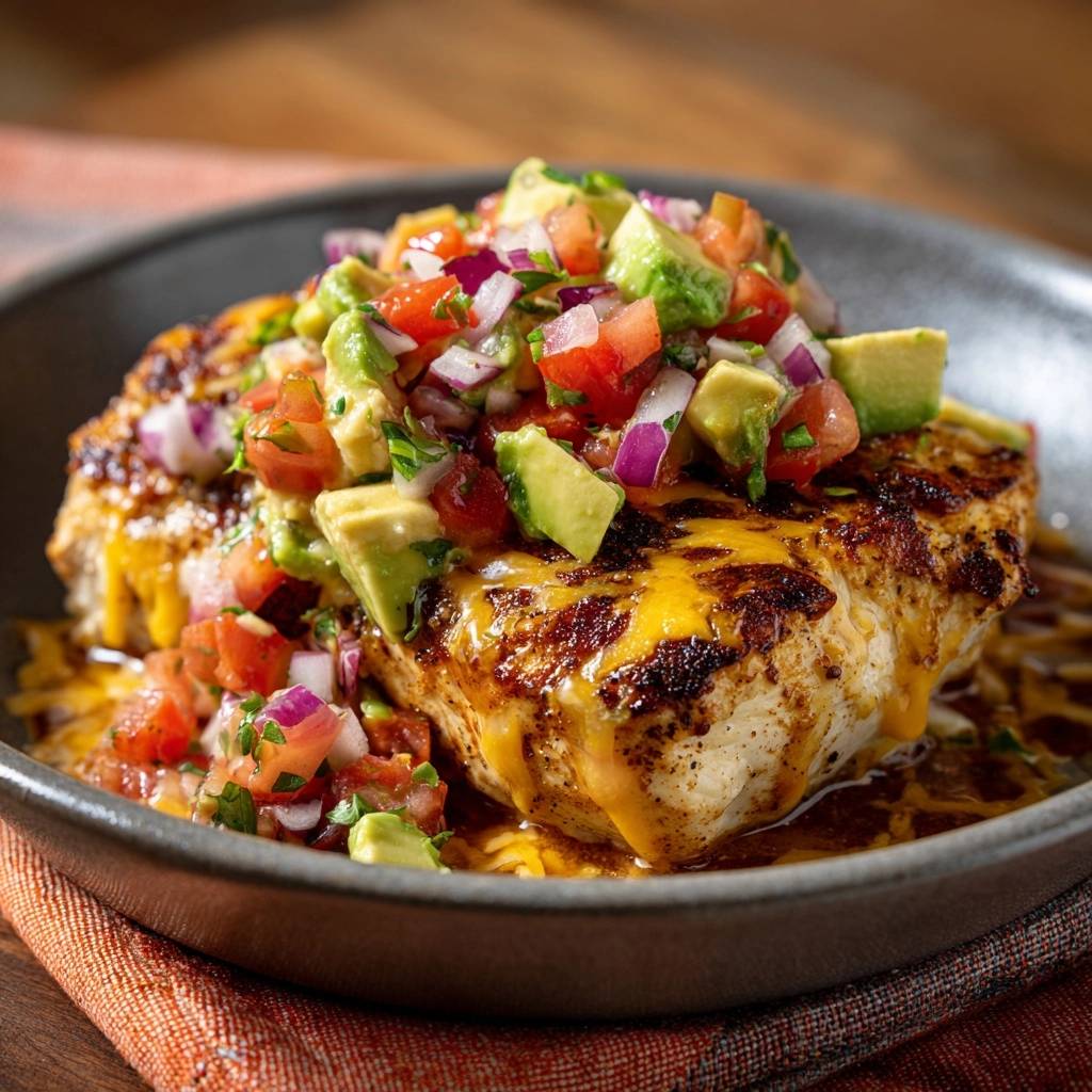 Saftiges Hähnchen mit Käsekruste und frischer Avocado-Salsa, nahaufnahme des geschmolzenen Käses und der bunten Salsa.