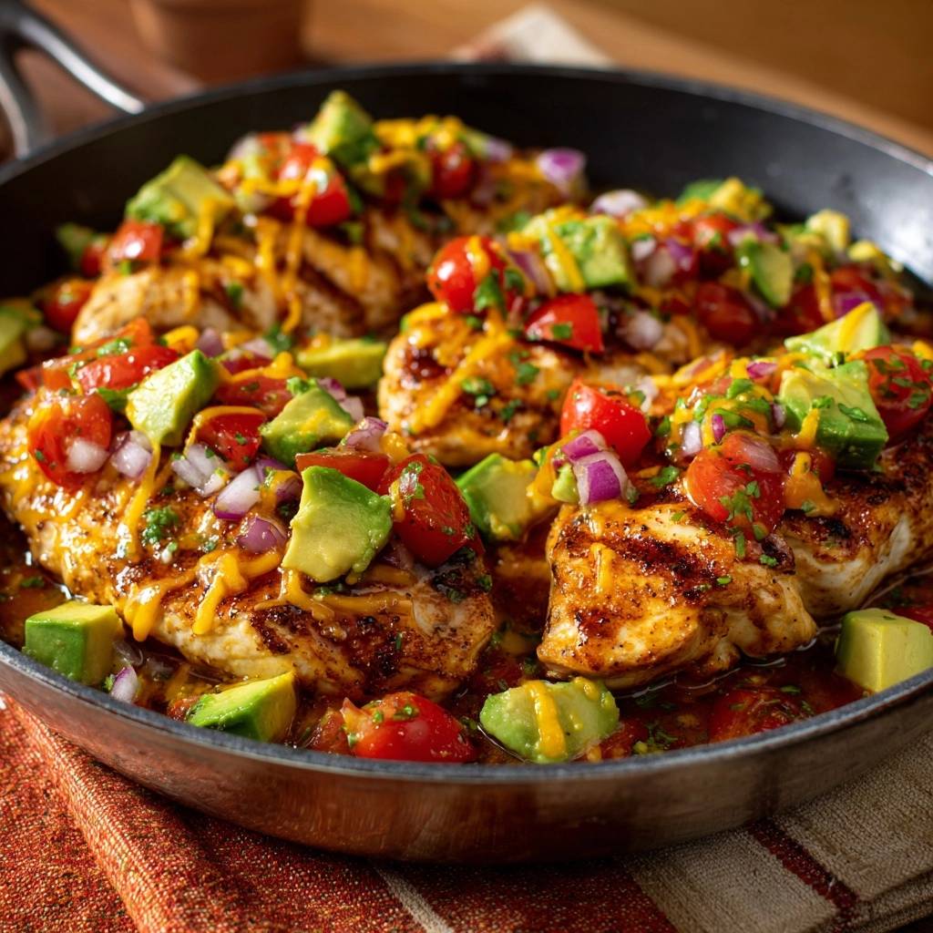 Saftiges Haenchen Kaesekruste Detail Garnitur 1 Saftiges Hähnchen mit Käsekruste und frischer Avocado-Salsa, detailliert garniert mit Tomaten und Zwiebeln in einer Pfanne.