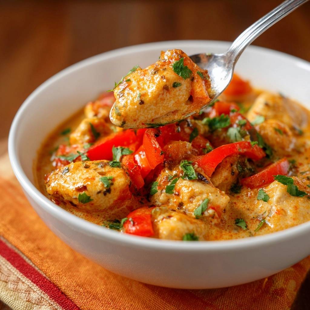 Saftiges Paprika Rindfleisch Curry Lffel Nahaufnahme 1 Saftiges Paprika-Rindfleisch-Curry in einer weißen Schüssel, aufgenommen aus nächster Nähe, mit einem Löffel voll Curry.