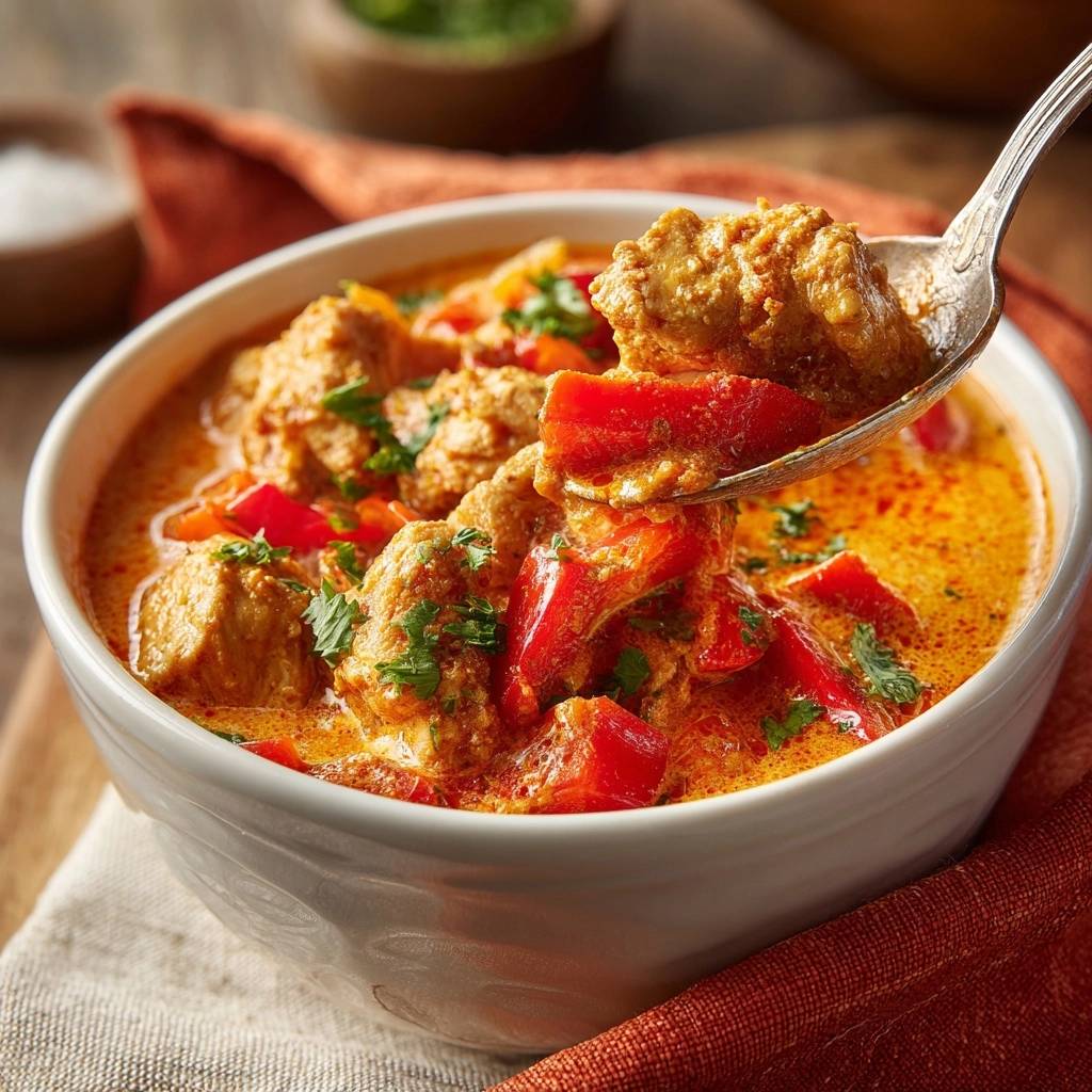 Saftiges Paprika-Rindfleisch-Curry in einer weißen Schüssel, aufgenommen in einer Nahaufnahme, mit einem Löffel voller Curry.