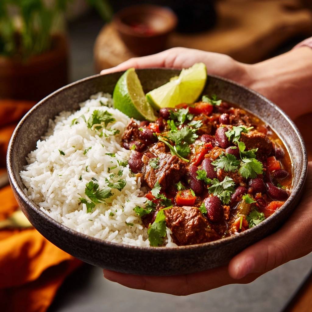 Saftiges Rindfleisch Chili Mit Reis Serviert 1 Saftiges Rindfleisch-Chili mit Reis serviert in einer rustikalen Schüssel, garniert mit frischem Koriander und Limettenspalten.