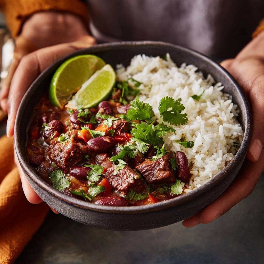 Saftiges Rindfleisch-Chili mit Reis serviert in einer dunklen Schüssel, garniert mit frischem Koriander und Limettenspalten.
