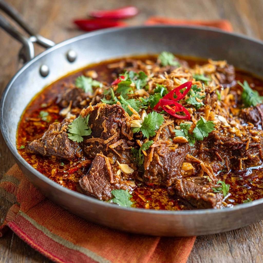 Saftiges Rindfleisch-Erdnuss-Curry in einer Servierpfanne, garniert mit frischem Koriander, Erdnüssen und roter Chili.