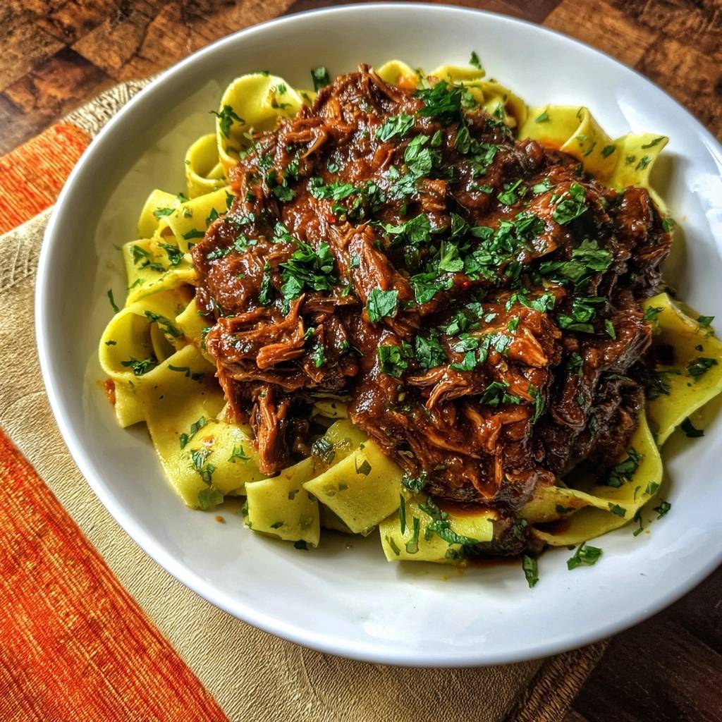 Saftiges Rindfleisch-Ragù mit breiten Eiernudeln, serviert in einer weißen Schüssel, garniert mit frischer Petersilie, von oben gesehen.