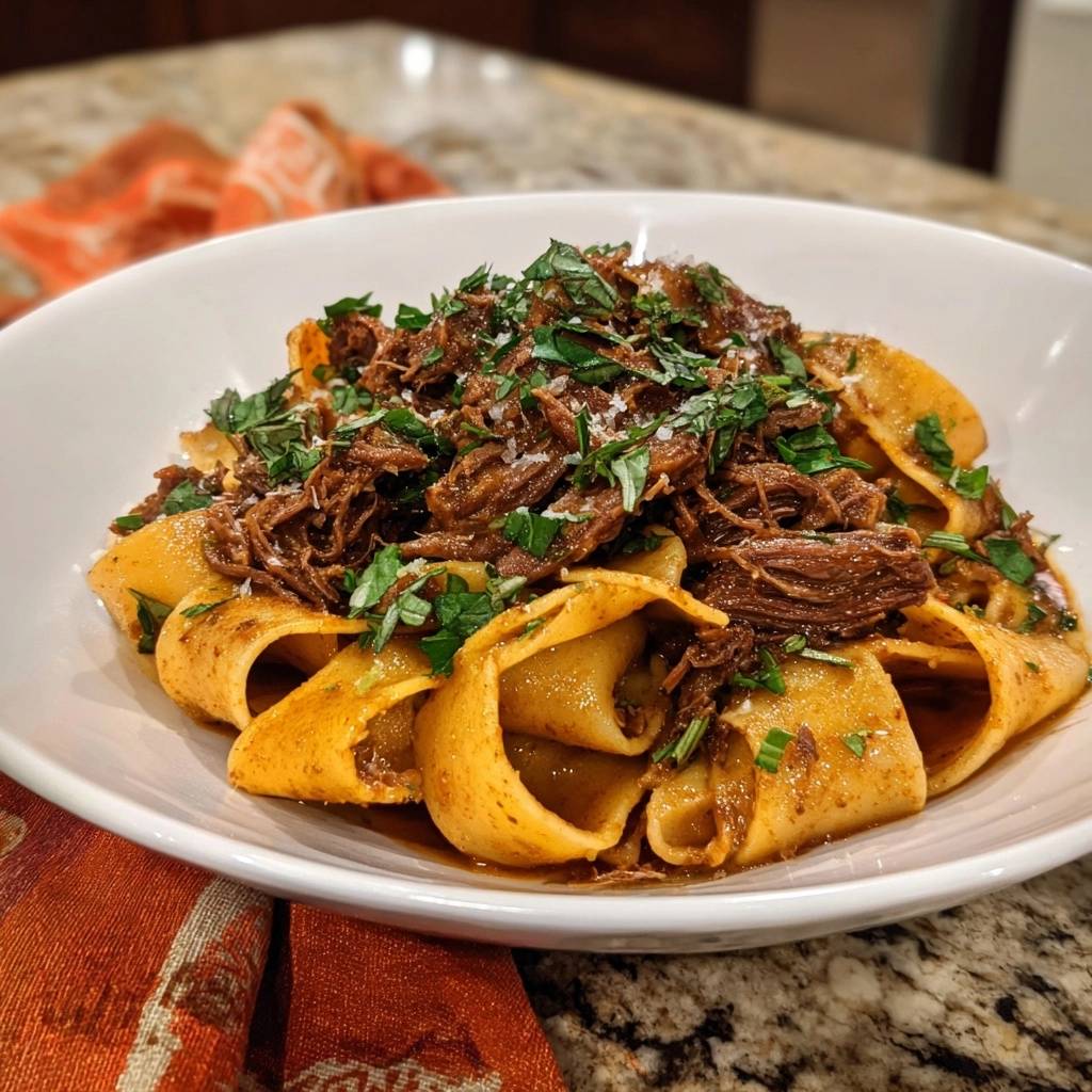 Saftiges Rindfleisch-Ragù mit breiten Eiernudeln, garniert mit frischen Kräutern und Parmesan, in einer weißen Schüssel von oben gesehen.