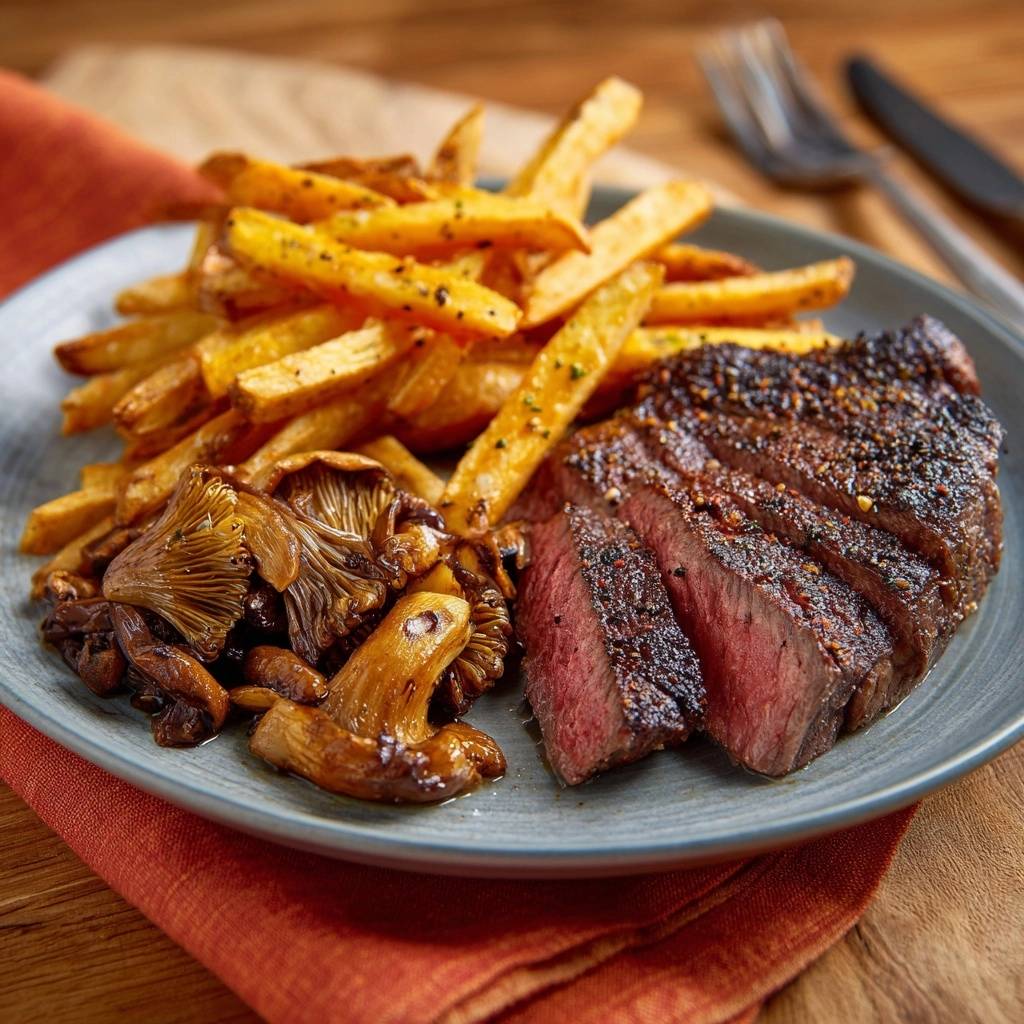 Saftiges Steak Mit Pommes Champignons Serviert 1 Saftiges Steak mit Pommes & Champignons serviert auf einem Teller, mit perfekt gebratenem Fleisch und knusprigen Pommes Frites.