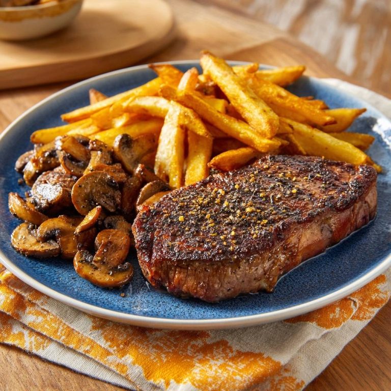 Saftiges Steak mit Pommes & Champignons, serviert auf einem blauen Teller, mit goldenen Pommes, gebratenen Champignons und perfekt gebratenem Steak.