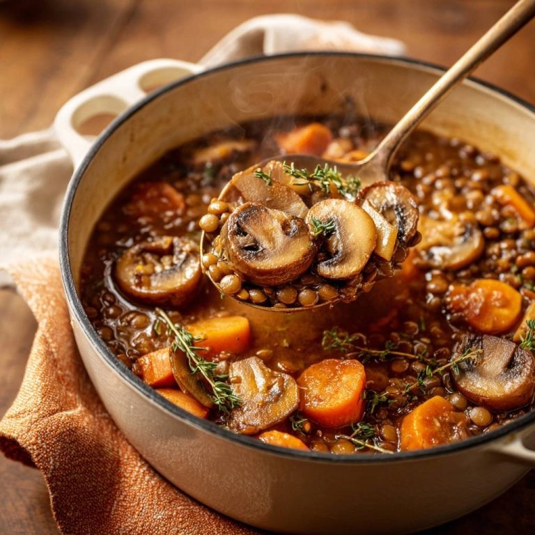 Sämiger Linseneintopf mit Champignons und Karotten wird mit einem Löffel serviert, der die dampfenden Zutaten zeigt.
