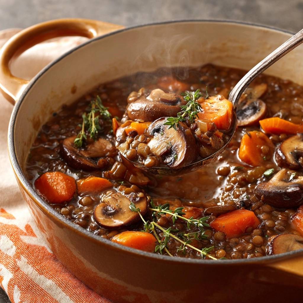 Sämiger Linseneintopf mit Champignons und Karotten wird mit einem Löffel aus der Pfanne geschöpft, Nahaufnahme der Zutaten.