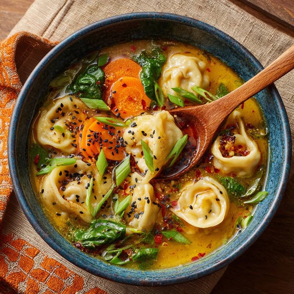 Scharfe Dumpling Suppe Draufsicht Mit Lffel 1 Scharfe Dumpling-Suppe, ein Blick von oben in der Suppenschüssel, mit einem Holzlöffel, der zum Servieren bereit ist.