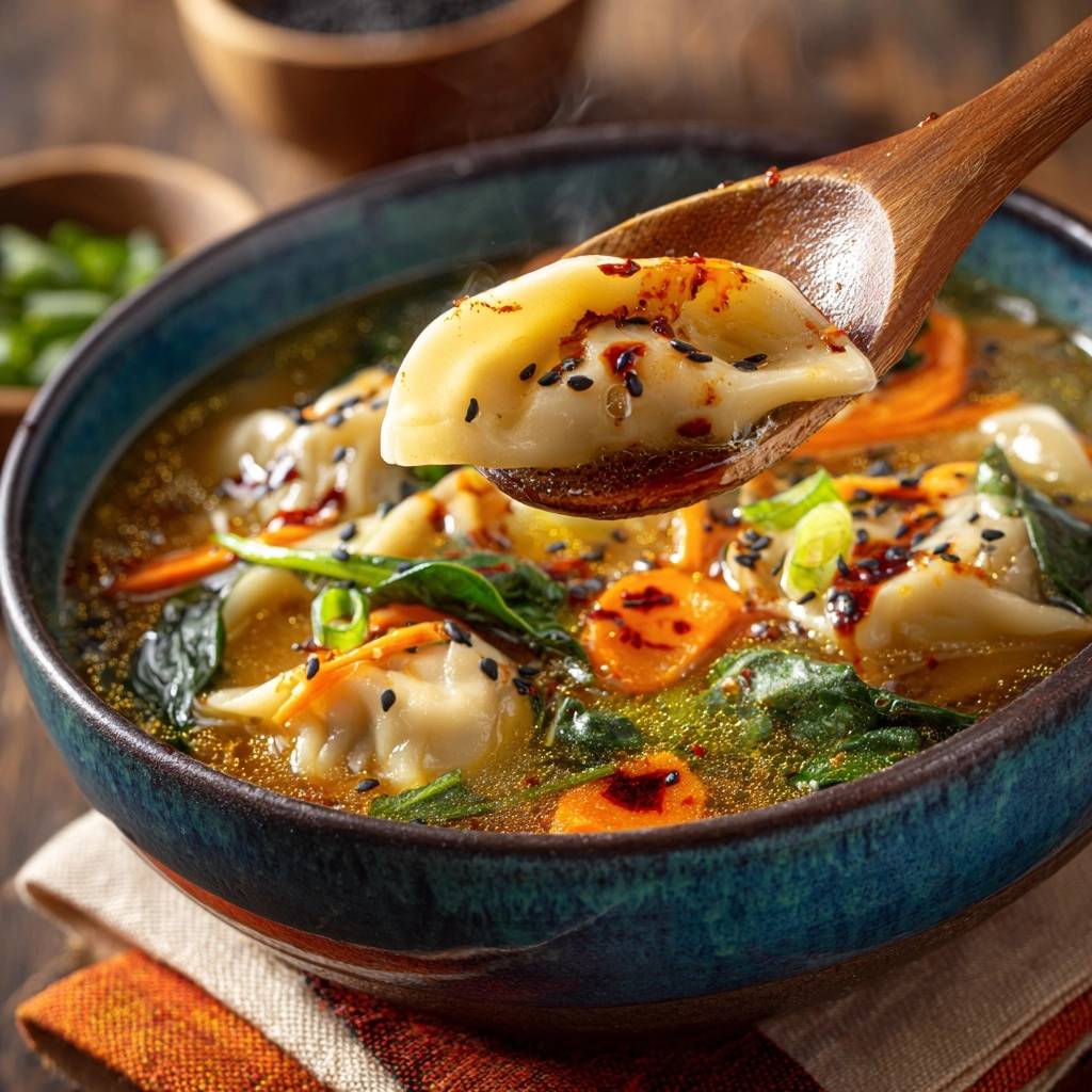 Scharfe Dumpling-Suppe in Nahaufnahme, serviert in einer blauen Schüssel, mit einem Löffel, der einen einzelnen Dumpling zeigt.