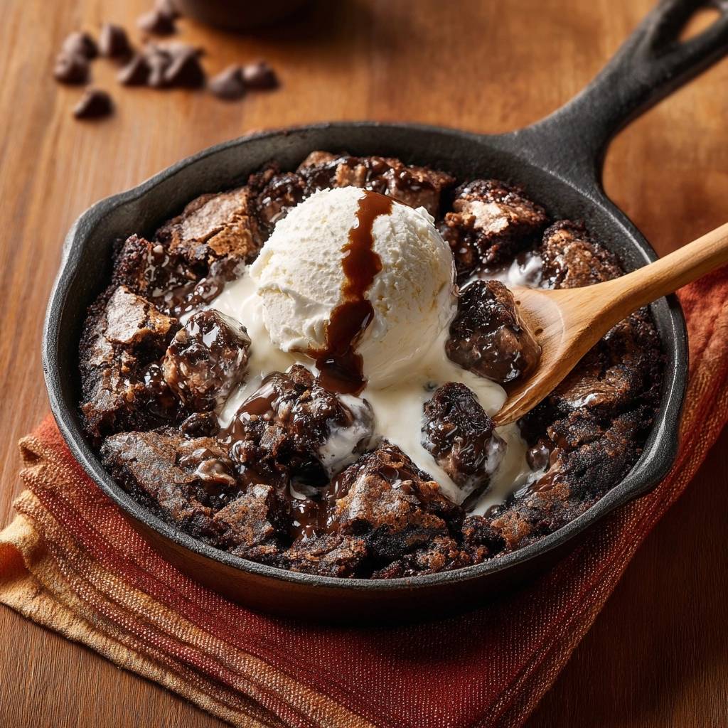 Schoko-Brownie-Skillet mit einer Kugel Vanilleeis und Schokosauce serviert, die in einer gusseisernen Pfanne gebacken wurde.