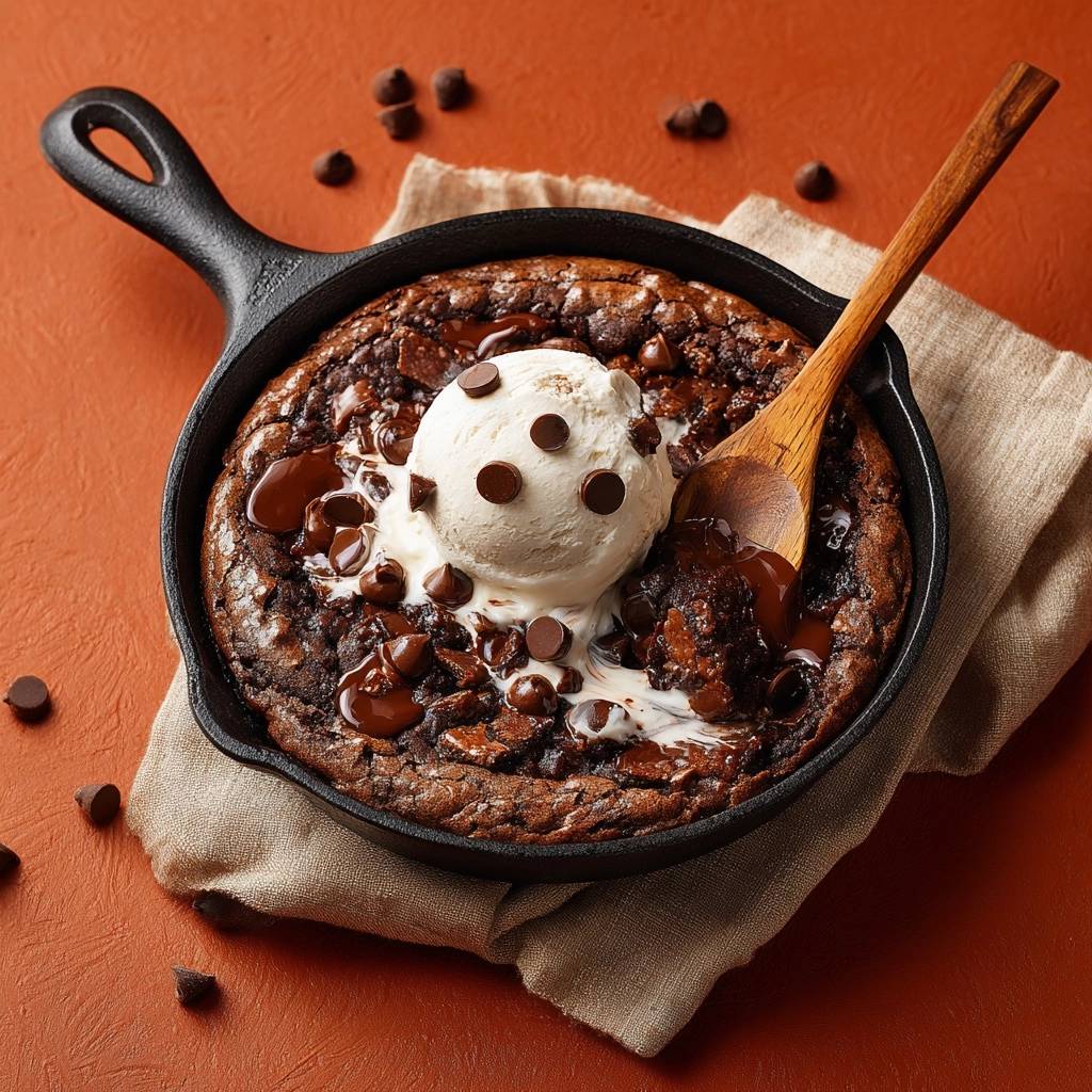 Schoko Brownie Skillet Serviert Mit Eis 1 Schoko-Brownie-Skillet serviert in einer gusseisernen Pfanne, mit einer Kugel Eiscreme und Schokostückchen garniert.