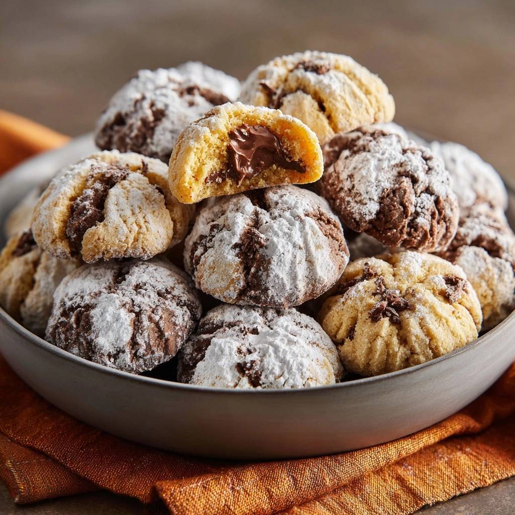 Schoko-Creme-Gefüllte Puderzucker-Kekse im Nahaufnahme-Querschnitt, der die cremige Schokoladenfüllung in einem Keks zeigt.