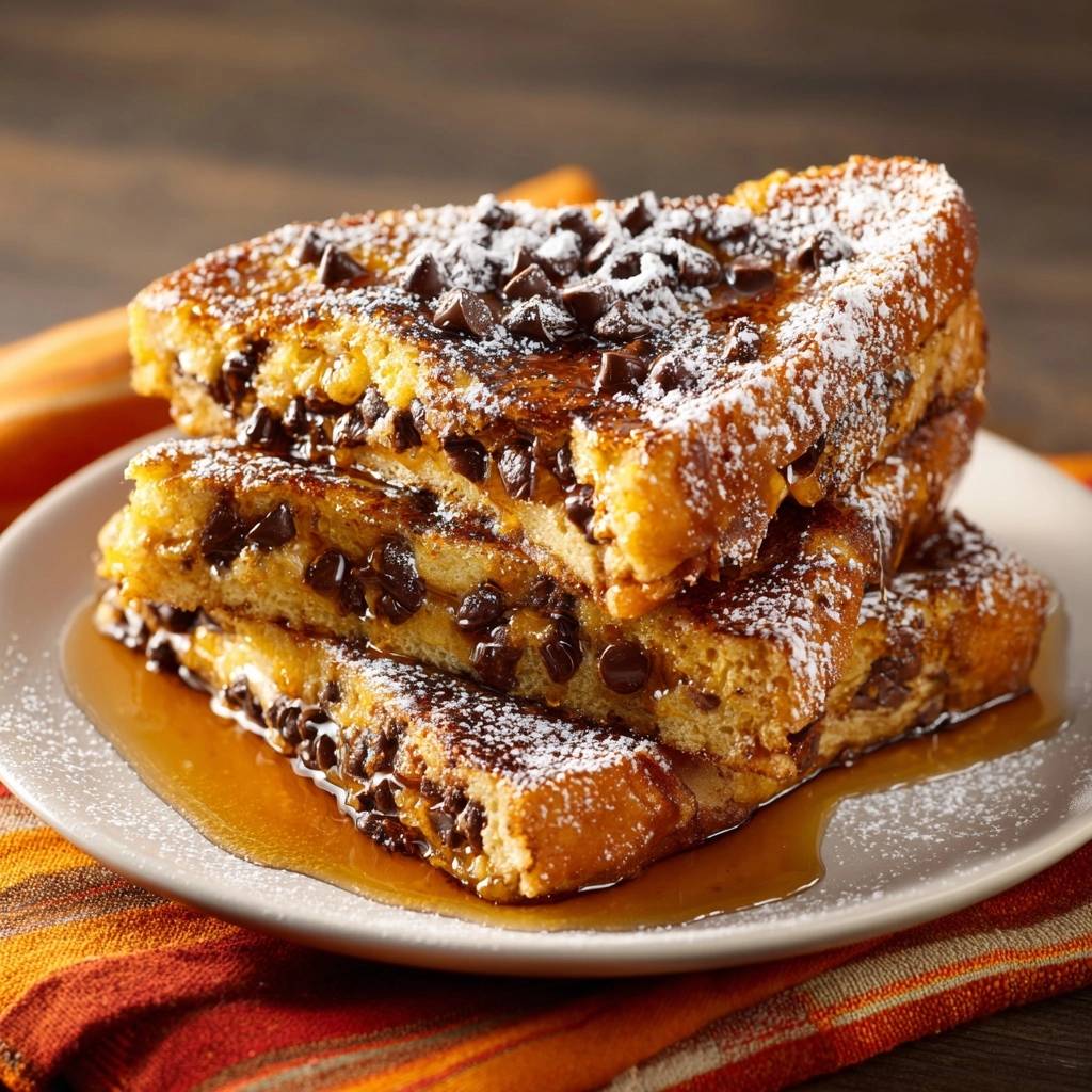 Schoko French Toast Turm Detail Ansicht 1 Schoko-French-Toast-Turm, eine Nahaufnahme des gestapelten, mit Puderzucker und Schokoladenstückchen garnierten Nachtischs, der mit Sirup übergossen ist.