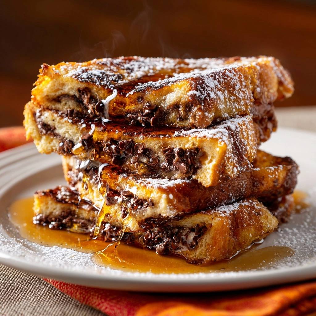 Schoko-French-Toast-Turm in Nahaufnahme mit saftiger Schokoladenfüllung und Ahornsirup, der aus den knusprigen Scheiben fließt.