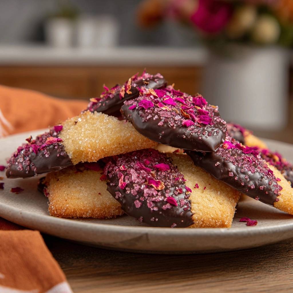 Schokoladen-Rosen-Shortbread, auf einem Teller gestapelt und mit Schokoladenglasur, Zucker und Rosenblättern garniert.