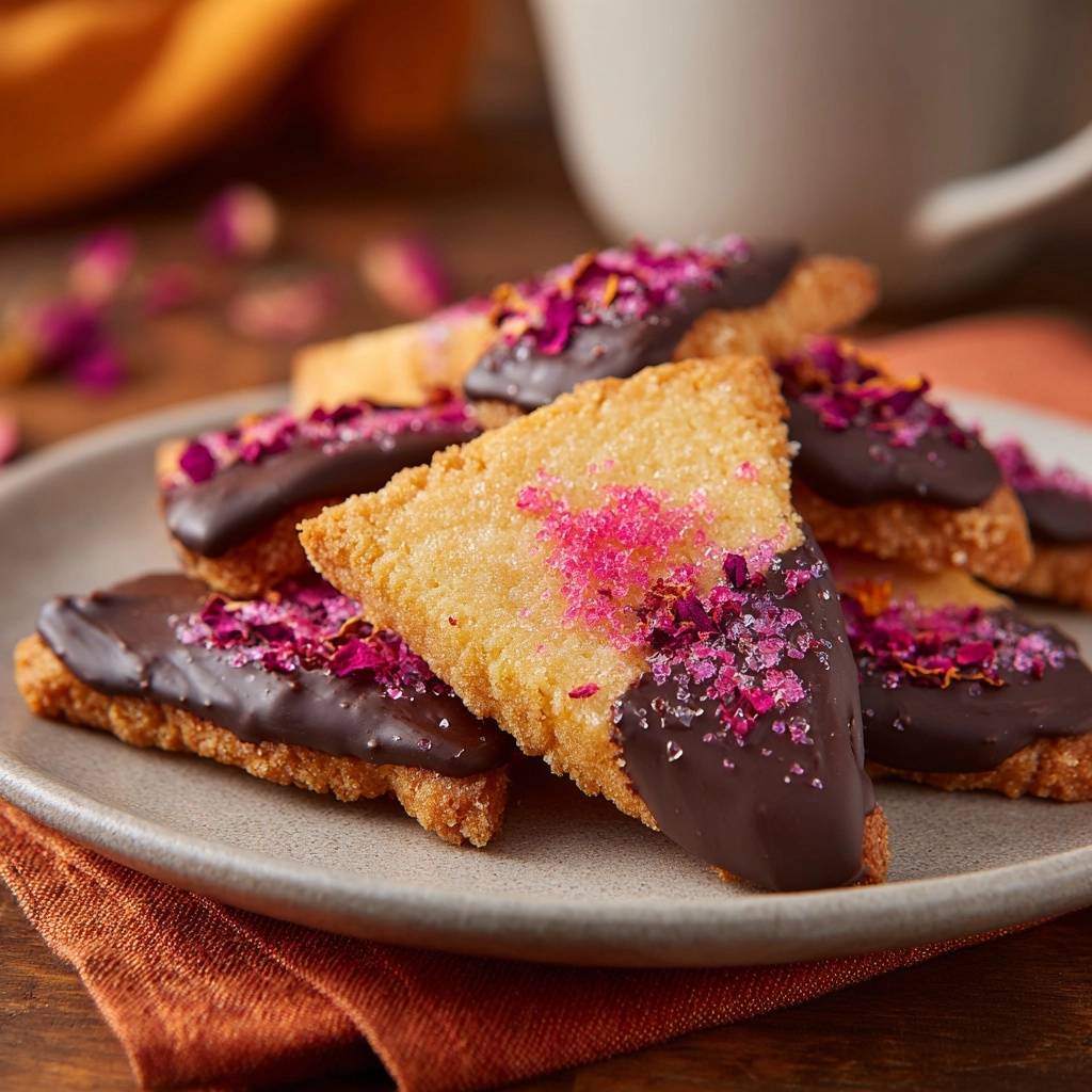 Schokoladen Rosen Shortbread Nahaufnahme Serviert 1 Schokoladen-Rosen-Shortbread in Nahaufnahme serviert, mit dunkler Schokolade überzogen und mit getrockneten Rosenblüten und Zucker verziert.