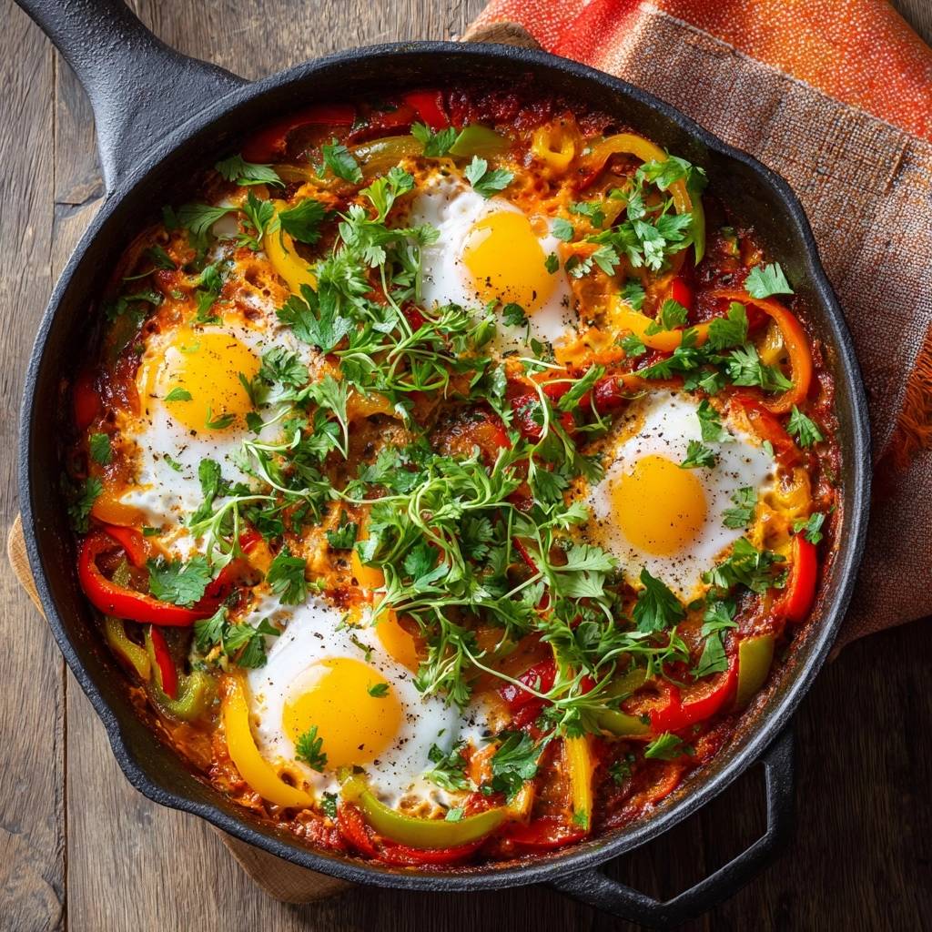 Shakshuka Gusseisenpfanne Draufsicht Serviert 1 Shakshuka aus der Gusseisenpfanne, serviert und von oben fotografiert, mit perfekt wachsweichen Eiern und frischer Petersilie garniert.