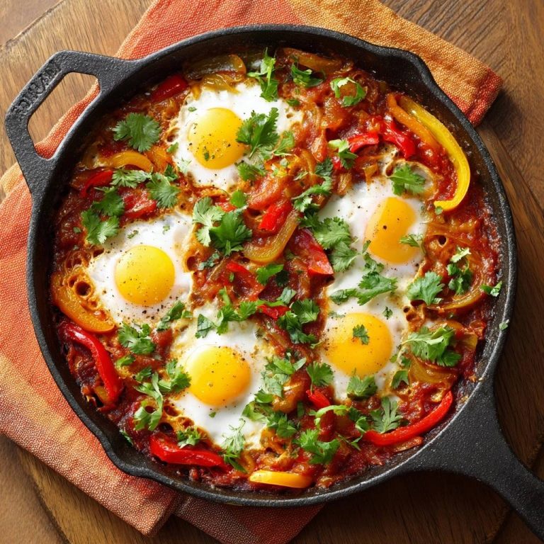Shakshuka aus der Gusseisenpfanne in einer Draufsicht, serviert mit frischen Kräutern, Paprika und perfekt pochierten Eiern.