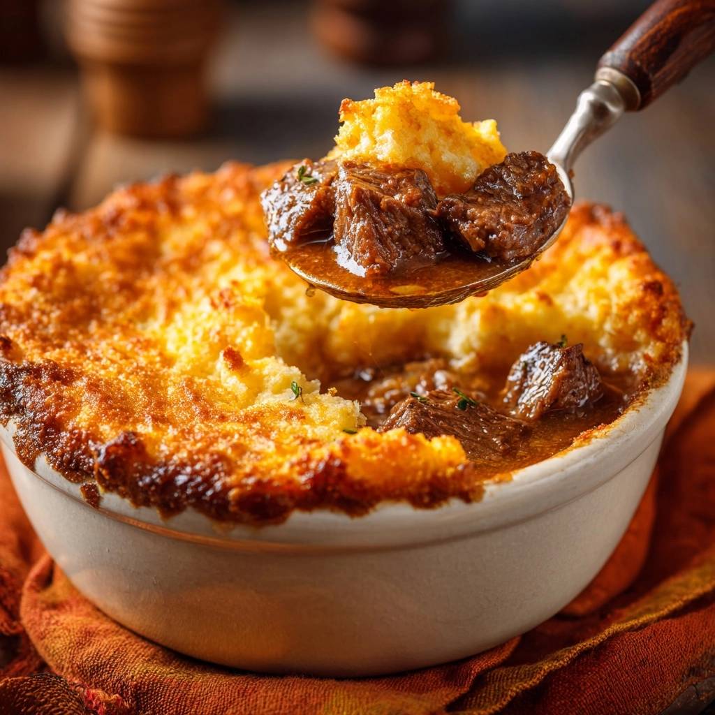 Shepherds Pie Nahaufnahme Servierfertig 1 Shepherd's Pie zeigt hier eine Nahaufnahme, auf einem Löffel serviert. Die goldbraune Kruste und das saftige Fleisch sind gut zu sehen.
