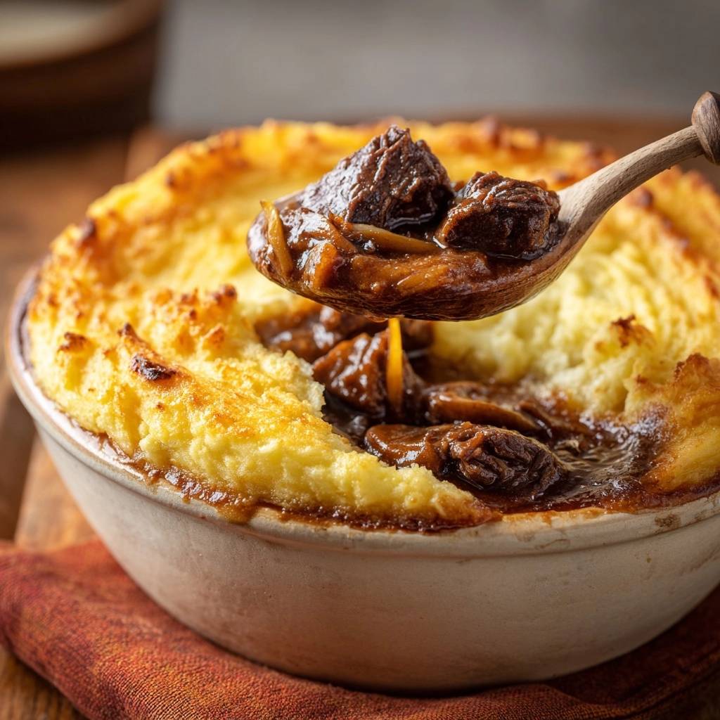 Shepherd's Pie mit saftigem Rindfleisch und cremigem Püree, nahaufgenommen vom Löffel, der die köstliche Füllung zeigt.