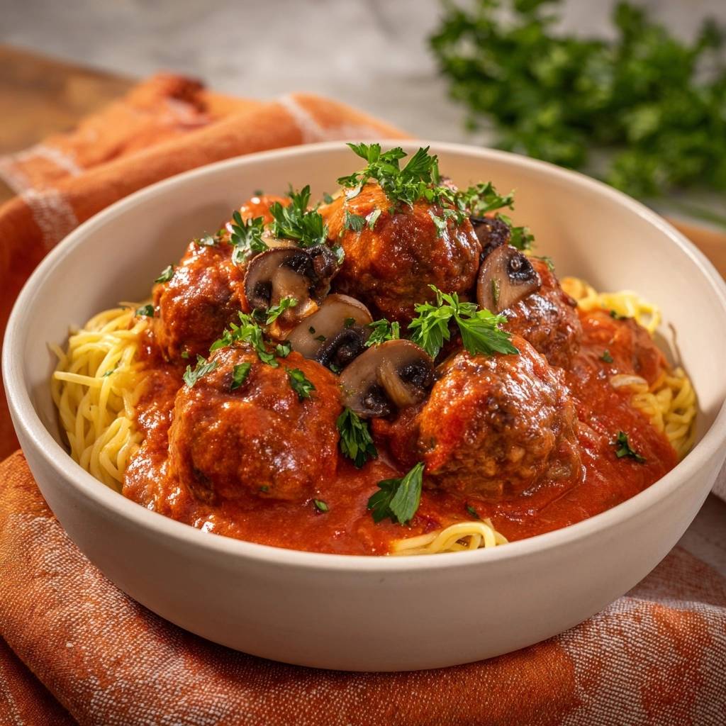 Spaghetti Mit Fleischbaellchen In Tomatenso E Serviert 1 Spaghetti mit Fleischbällchen in Tomatensoße in einer cremefarbenen Schüssel serviert, garniert mit frischer Petersilie und Pilzscheiben.