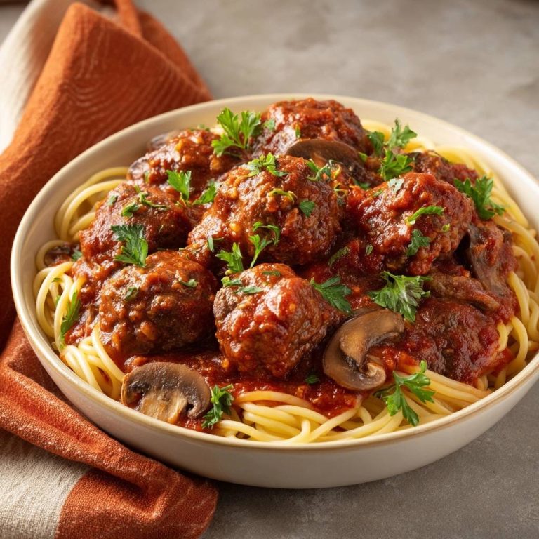 Spaghetti mit Fleischbällchen in Tomatensoße, serviert in einer cremefarbenen Schüssel, garniert mit frischer Petersilie und Champignons.