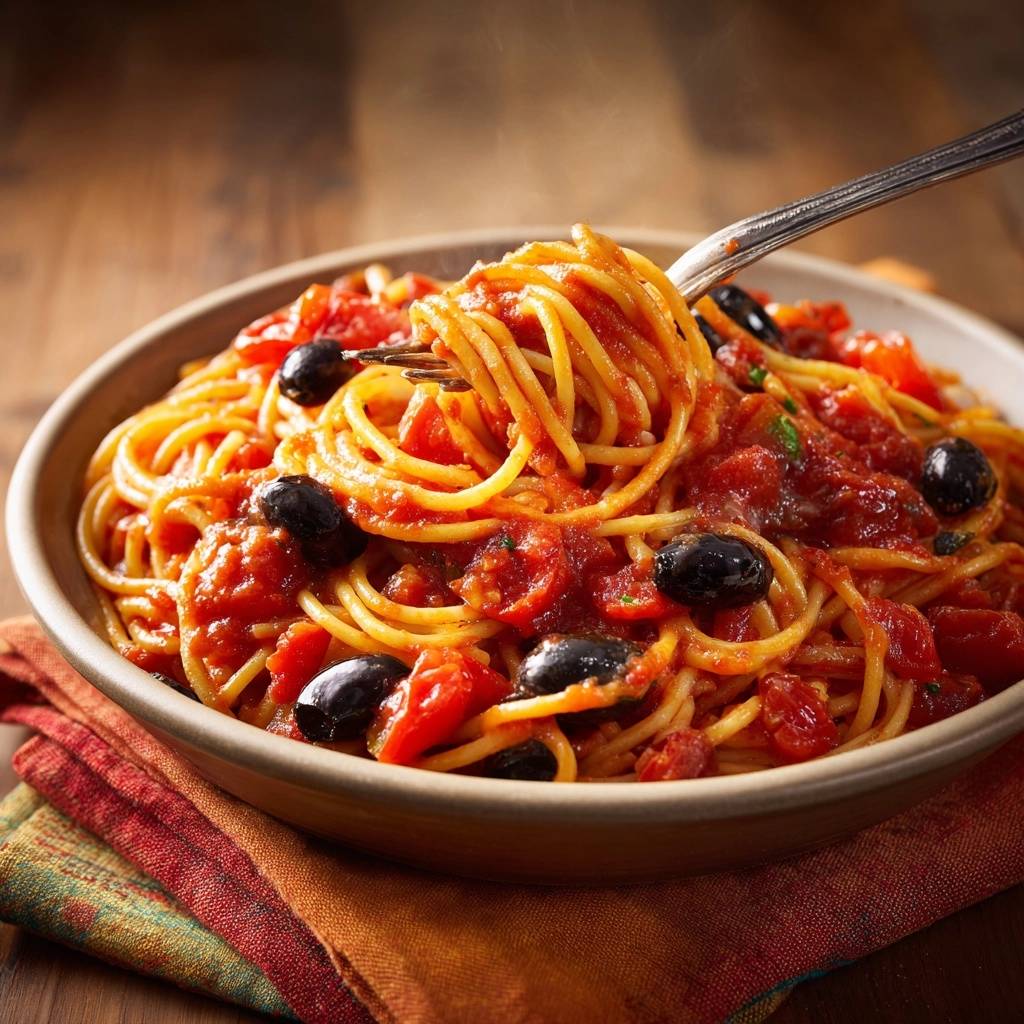 Spaghetti mit Tomaten und Oliven, serviert in einer Schüssel mit einer Gabel, die eine Portion aufnimmt, bereit zum Genießen.