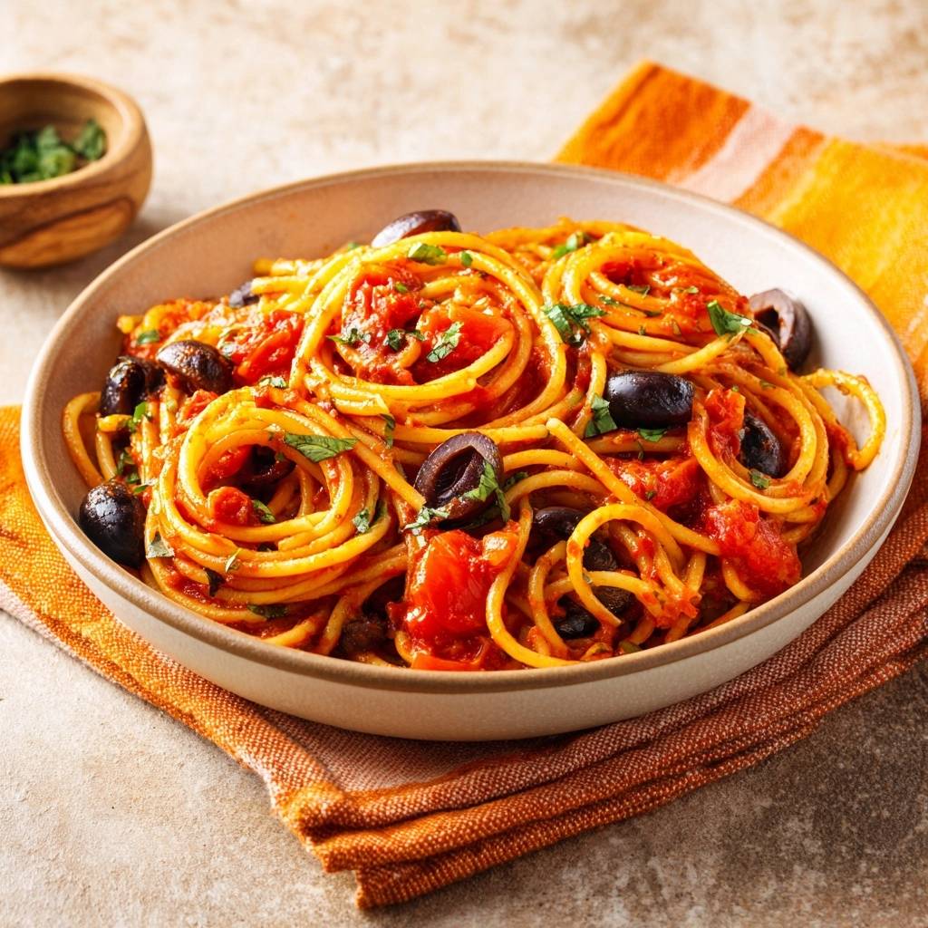 Spaghetti Mit Tomaten Und Oliven Nahaufnahme 1 Spaghetti mit Tomaten und Oliven, serviert in einer Schüssel mit Oliven und Petersilie, Nahaufnahme.
