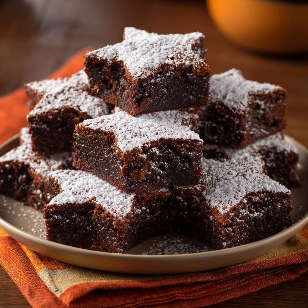 Sternförmige Schoko-Lava-Brownies sind auf einem Teller gestapelt, mit Puderzucker bestäubt. Ein köstlicher Stapel frisch gebackener Schokoladen-Brownies.