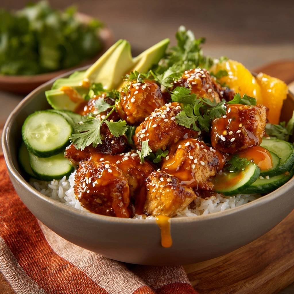 Sticky Gochujang-Hähnchen-Bowl in Nahaufnahme, garniert mit frischem Koriander, Sesam und Avocado-Scheiben, serviert in einer Schüssel.